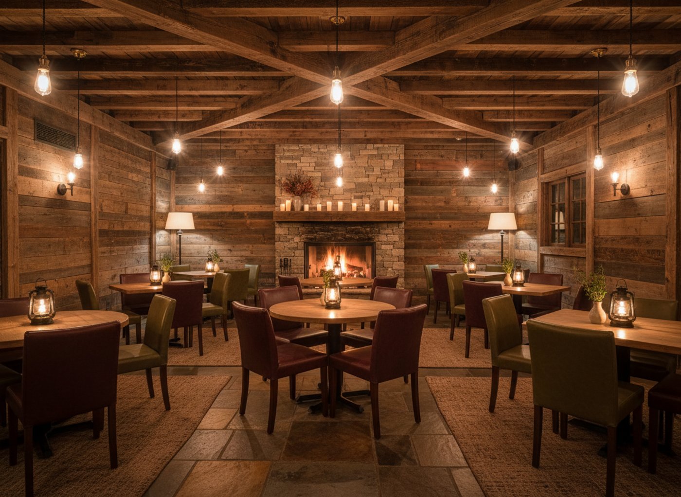 Salle à manger chaleureuse, poutres de bois, foyer en pierre