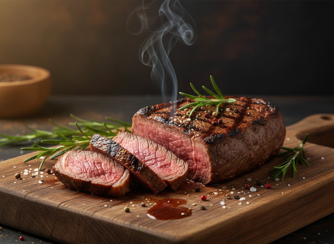 Steak grillé, tranché, fumant